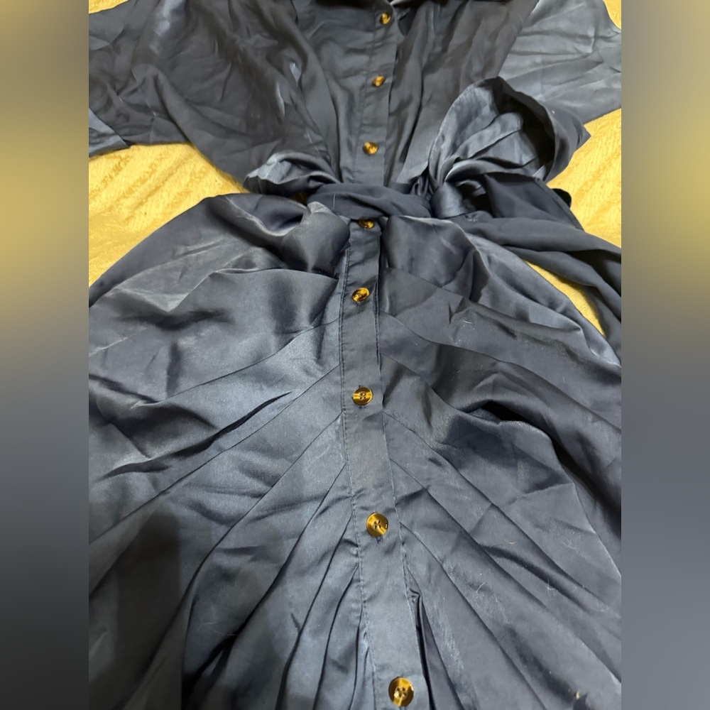Linsery NWOT Navy Blue Belted Maxi Ruched Shirt Dress - Size M - Picture 10 of 14